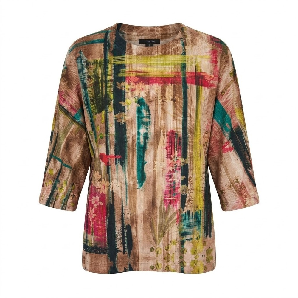 NEW Ali Miles Womens 1X Brown Abstract Floral Ribbed Tunic‎ Shirt Thick Chenille
